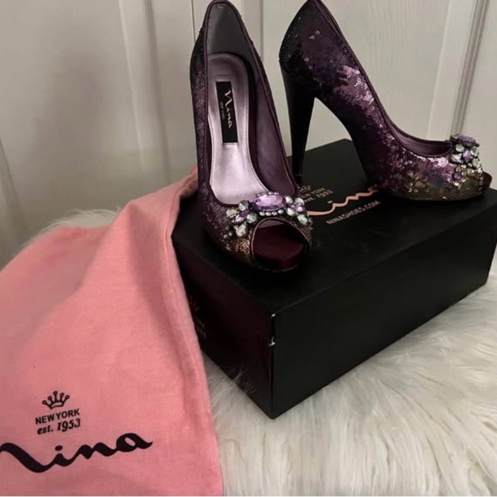 Nina “Erna” Purple Embellished Peep-Toe Heels